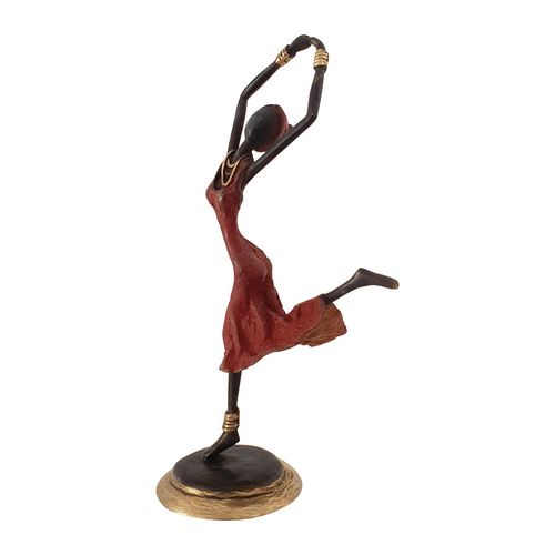 Vintage Hand Cast Bronze Statue of a Dancing African Woman in Red