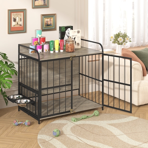 39'' Indoor Metal Dog Crate with Double Doors, Wooden Side End Table