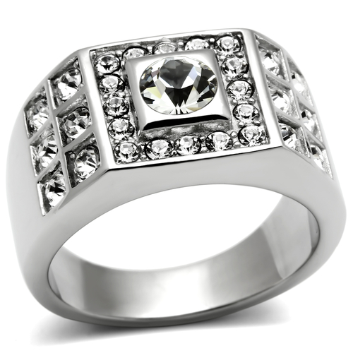 Men High Polished Stainless Steel Ring with Top Grade Crystal in Clear