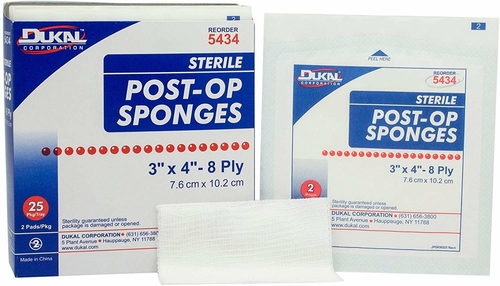 Post-Op Sponges 4" x 3". Case of 1200 8-ply Gauze Faced Sponge for