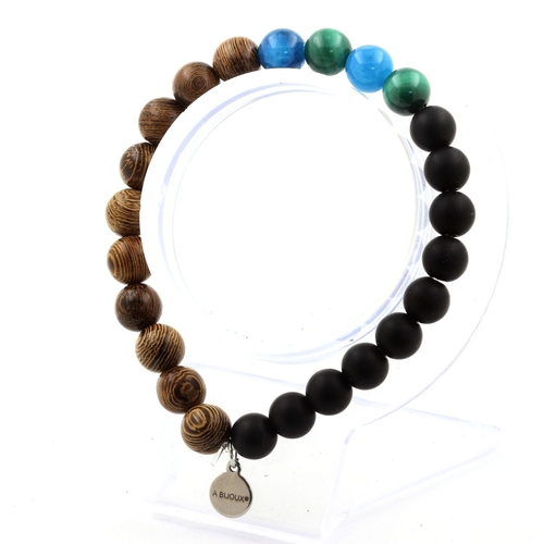 Malachite + Apatite + Matte Black Onyx + Wood Bracelet 8 mm Beads.