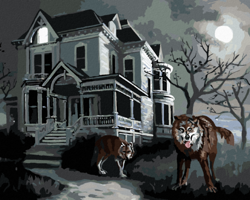 Zuty - Paint by Numbers - WOLF AND HAUNTED HOUSE UNDER A FULL MOON (D.