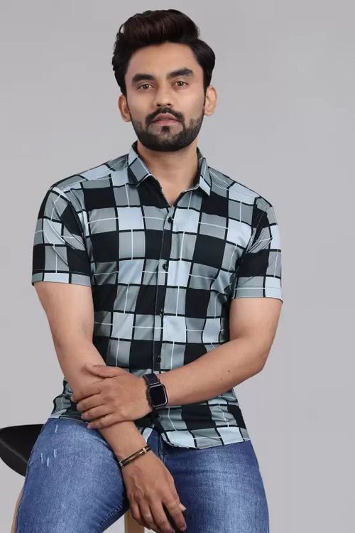 Men Regular Fit Checkered Spread Collar Casual Shirt Black, Grey,