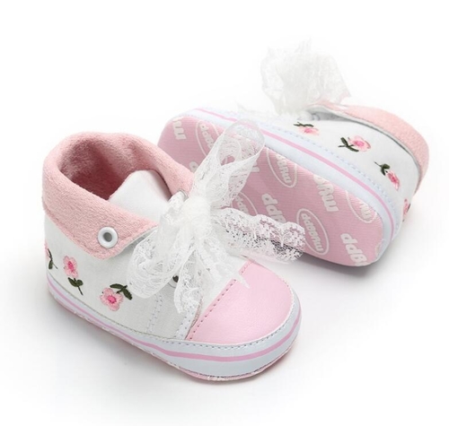 embroidery flower Lace up baby canvas shoes first