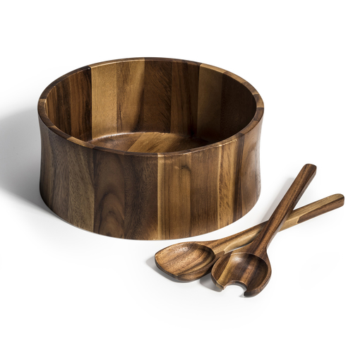 Acacia Wood Salad Bowl with Servers   12" x 5"