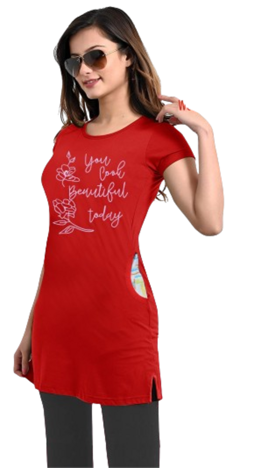 Women's Red Long Round Neck Tshirt with Two Size Cut Size S