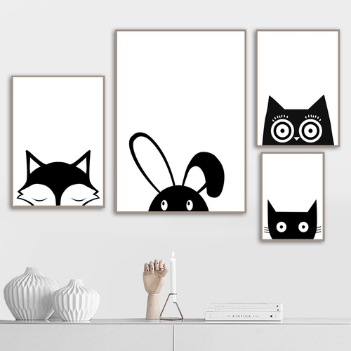 Cartoon Black White Rabbit Owl Fox Cat
