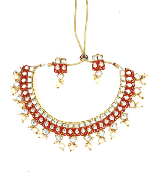 Gold-Plated Stone-Studded Red Square Stone Design Necklace & Earrings