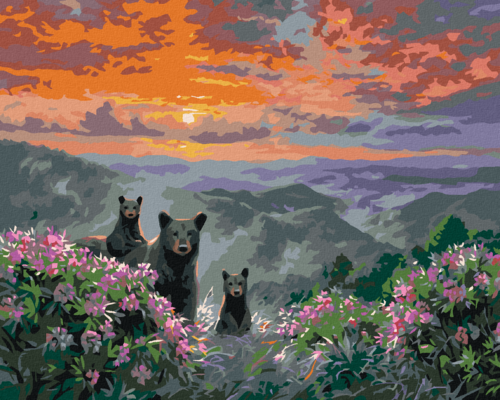 Paint by Numbers - SUNSET AND A BEAR WITH CUBS IN THE MOUNTAINS