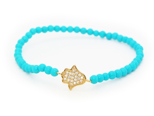 Fronay 2G2398T Elastic Turquoise Beads Sparkling Hamsa Hand Bracelet i