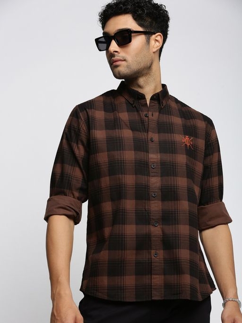 Men's Long Sleeves Spread Collar Tartan Checks Brown Slim Fit Shirt