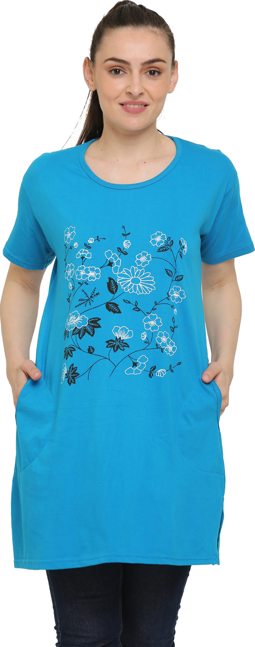 Women'S Two Pocket  Round Neck Cotton Printed Long Tshirt (Size-L)