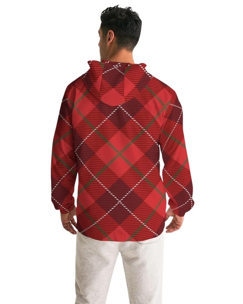 Mens Hooded Windbreaker - Red Tartan Plaid Water Resistant Jacket