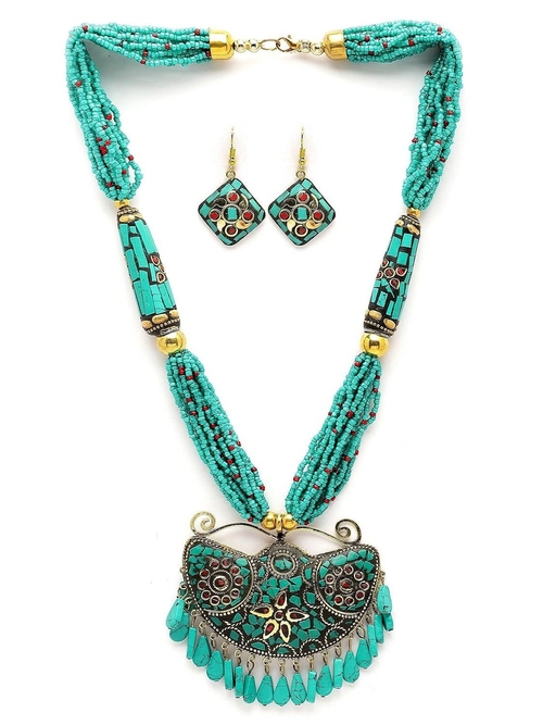 Traditional Tibetan Pendant Necklace Jewellery Set for Women SEA GREEN