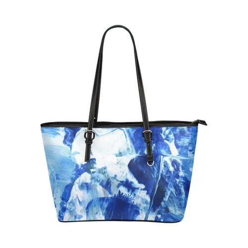 Large Leather Tote Shoulder Bag - Blue and Black Swirl Print