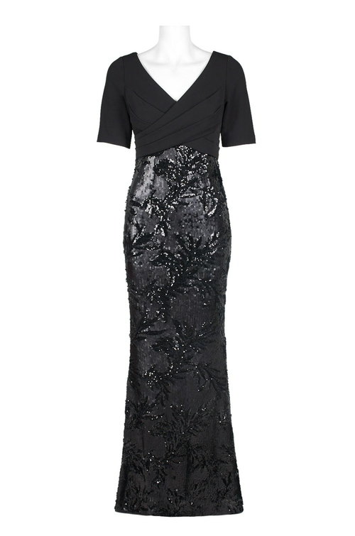 Adrianna Papell V-Neck Short Sleeve Pleated Bodycon Zipper Back Crepe