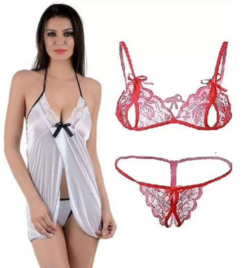 Women's Bra & Panty Set Self Design Silver, Red Lingerie Set (Size 36)