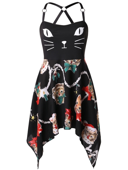  Plus Size Backless Christmas Cat Print