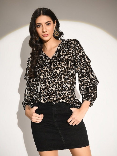 Women Animal Printed Velvet Top (Color Black & Brown) (Size XL)