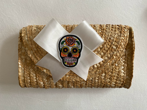 Main Rattan Straw Clutch with White Satin Bow & Sugar Skull image