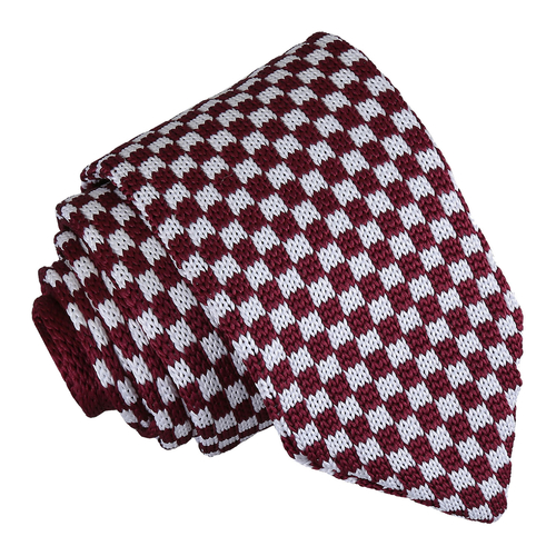 Check Knitted Slim Tie - White & Burgundy