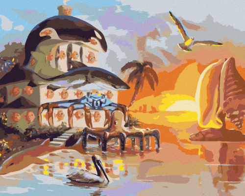 Zuty - Paint by Numbers - HOUSE AND SAILING BOAT MADE OF SEA CREATURES