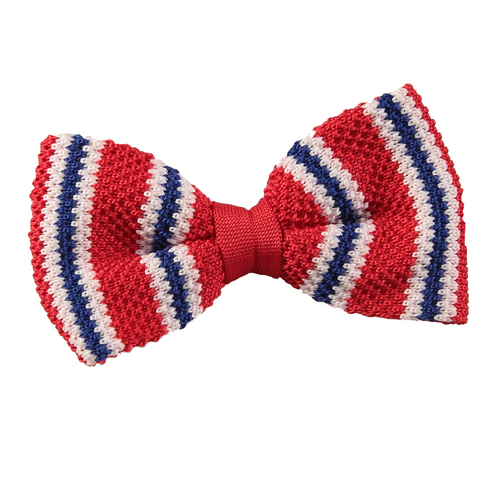 Knitted 3 Thin Stripe Bow Tie - Knitted Red with Blue & White Thin