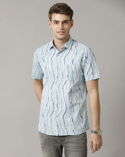 Men's Blue Printed Contemporary Fit Half Sleeve Casual Shirt (Size-S)