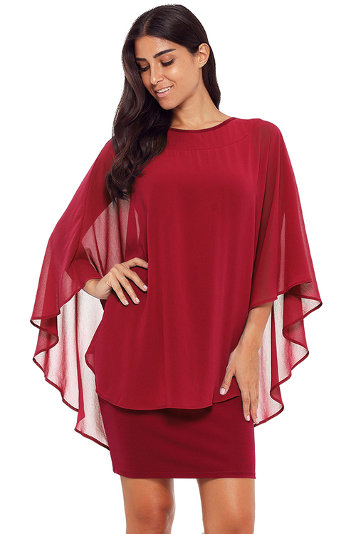 Wine Slinky Sexy Gauze Cape Mini Dress