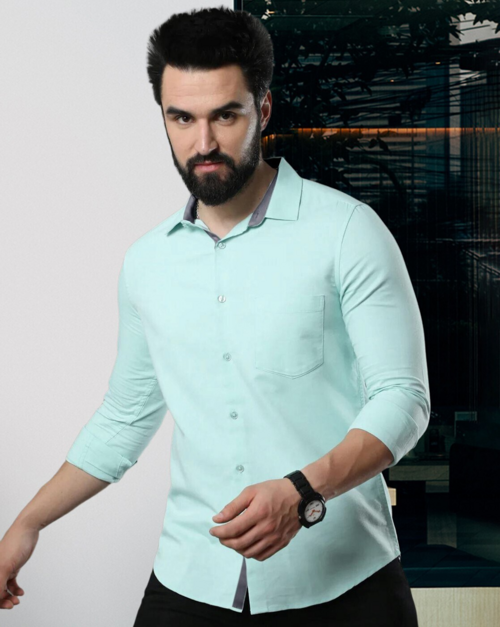 Men Cotton Regular Fit Solid Long Sleeve Spread Collar