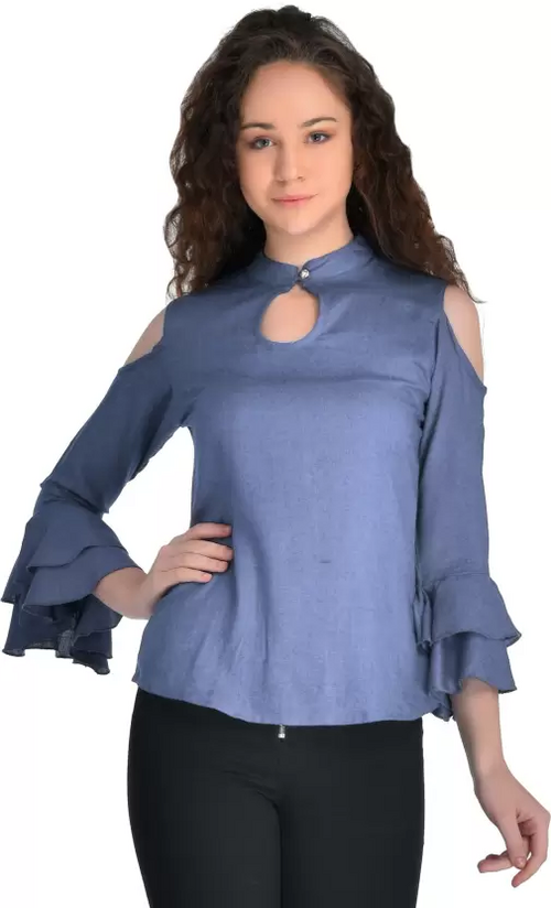 Casual Shoulder Sleeves Solid Women Top (Size-M) BLUE)