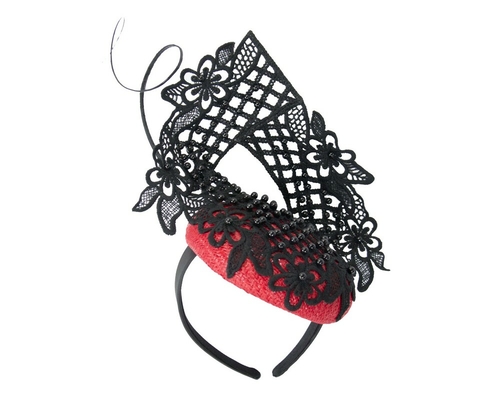 Red & black racing fascinator with beaded lace