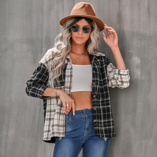 Early Autumn New Lapel Plaid Top Women's Long Sleeve Loose Shirt