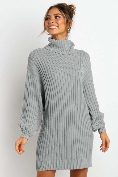Gray Turtleneck Balloon Sleeve Sweater Dress