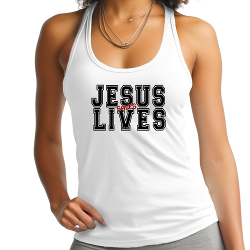 Womens Fitness Tank Top Graphic T-shirt - Jesus Saves Lives Black Red