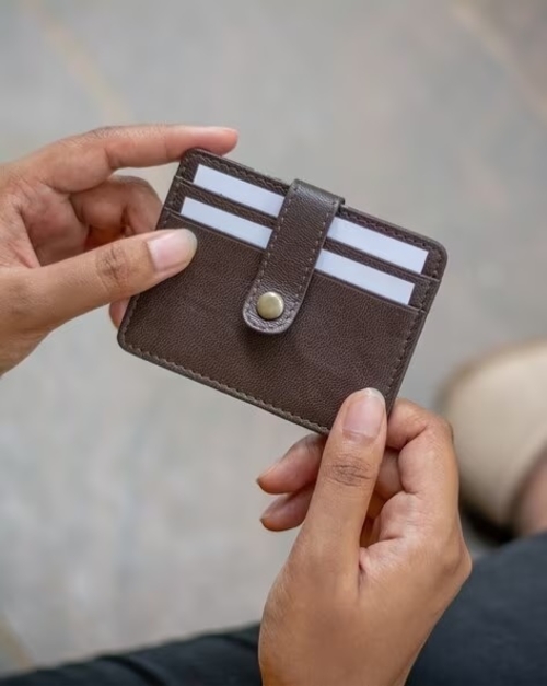 Genuine Leather Card Holder with Snap Butto