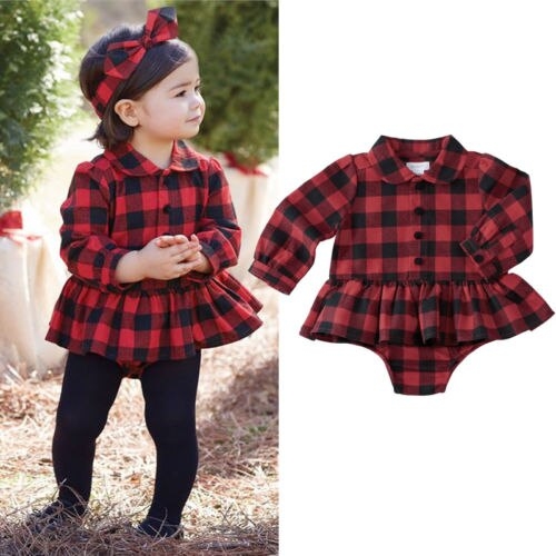 Newborn Infant Baby Girl Plaid Cotton Long Sleeve