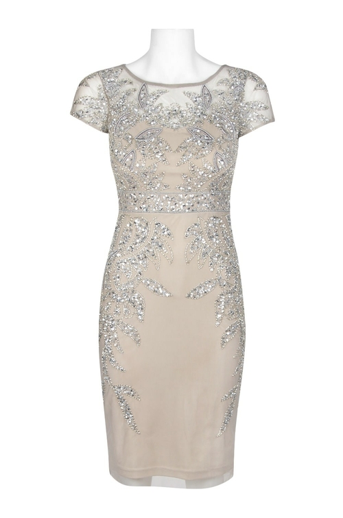 Adrianna Papell Boat Neck Short Sleeve Bodycon Zipper Back Embellished