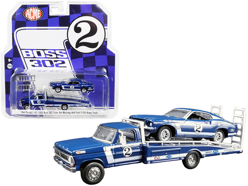 Ford F-350 #2 Ramp Truck Blue and 1969 Ford Mustang Boss 302 Trans Am