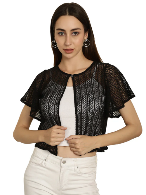 Women Self Design Net Regular Shrug(SizeL)(ColorBlack)