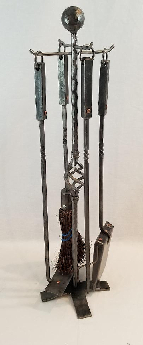 Fireplace tool set, forged iron 5 piece with square handles