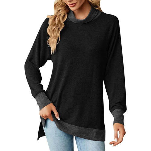 Main Womens Turtleneck Long Sleeve Slit T Shirt High Collar Loose Top image