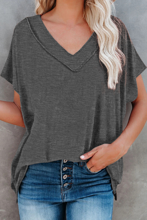 Gray Oversized Mineral Wash Cotton Blend V Neck Short Sleeves Top