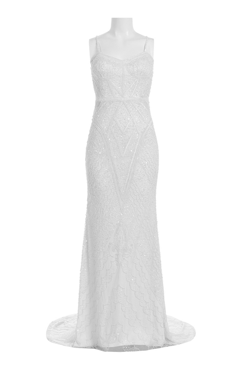 Theia Spaghetti Strap Bodycon Zipper Back Embellished Mesh Dress