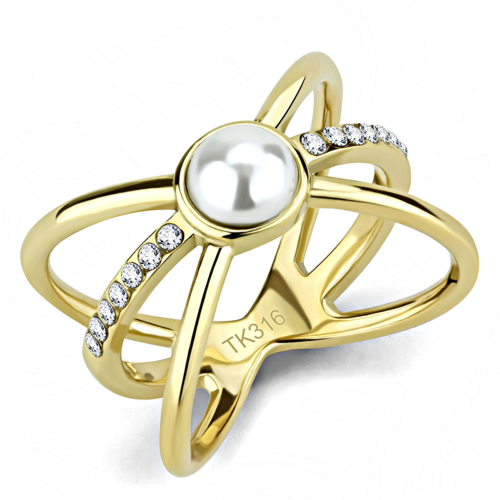 Women IP Gold Stainless Steel Ring with Synthetic in White - Size 9