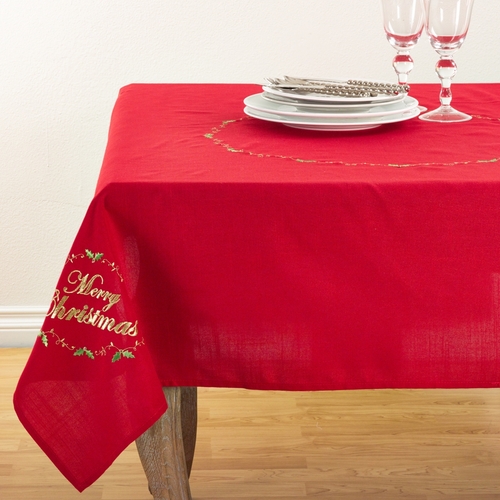 Merry Christmas Embroidered Design Holiday Tablecloth - Red