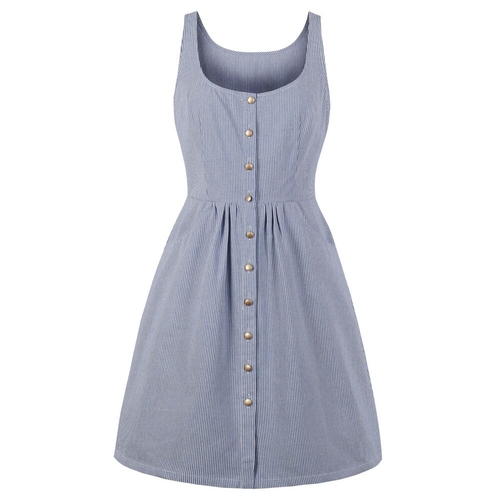  Summer Vintage Dress Stripe Button Pocket
