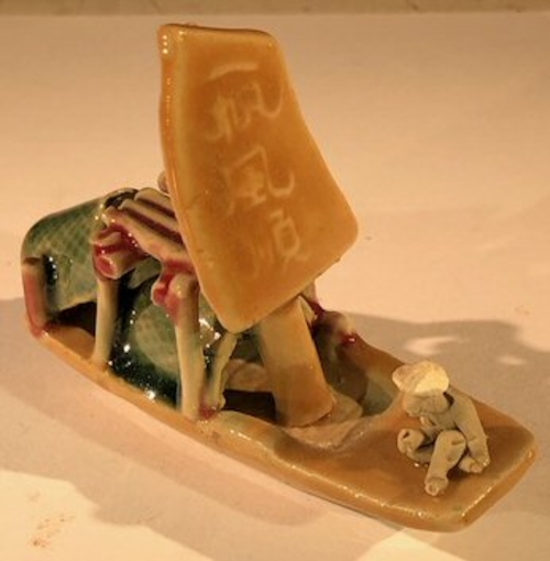Man on Sampan Boat MediumGlazed Figurine
