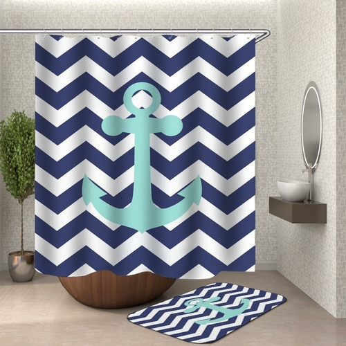 Blue White Chevron Anchor Shower Curtain