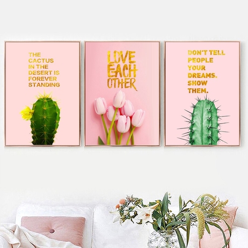 Pink Tulip Flower Green Cactus Love Quote